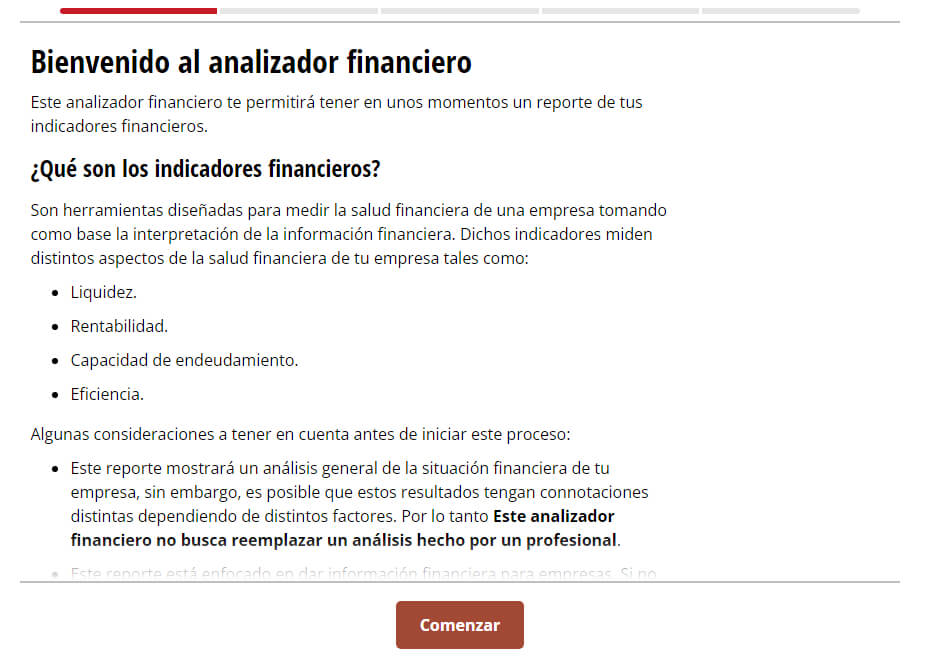 Pantallazado del analizador financiero. Posee una barra de progreso en la parte superior, una explicación de qué es lo que hace y en la parte de abajo un botón que dice Comenzar