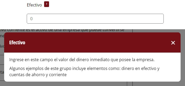 Sección de input de datos y modal para describir el campo