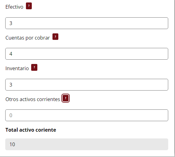 Lista del grupo de activo corriente. El último campo suma lo que se ingrese en los cuatro campos anteriores