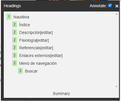 Lista de encabezados desde el plugin Tota11y. El encabezado de Nautila tiene un número 1, los encabezados debajo de este tienen un número 2 y el encabezado de Buscar tiene un número 3