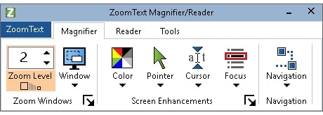 Barra de herramientas de ZoomText. Aparecen opciones para el nivel de zoom, paleta de colores, puntero, cursor, enfoque y navegación