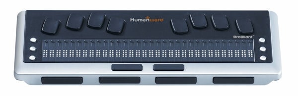 Una línea braile. Tiene 8 botones en la parte superior y en la parte inferior tiene varios matrices de puntos en forma de 2x4. Cada matriz representa un caracter de braille