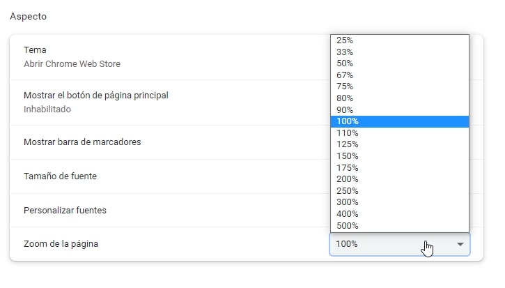 Menú de aspecto abierto con la opción de Zoom de la página desplegada. Hay opciones de zoom que va desde el 25% hasta el 500%
