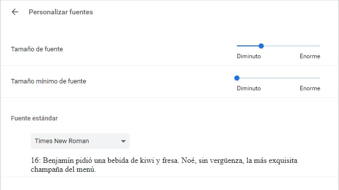 Submenú de Personalizar fuentes abierto. Hay un selector de rango para cambiar el tamaño de fuente